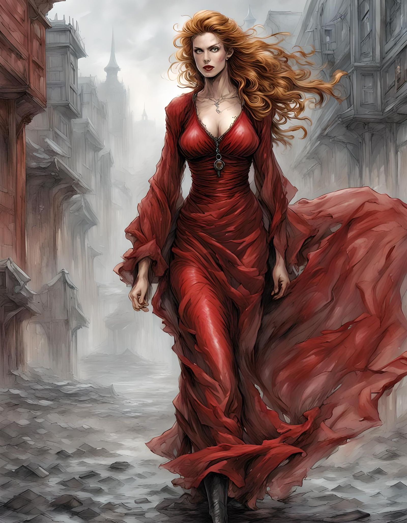 Ginger Woman in Red Dress, Comic Book Art
