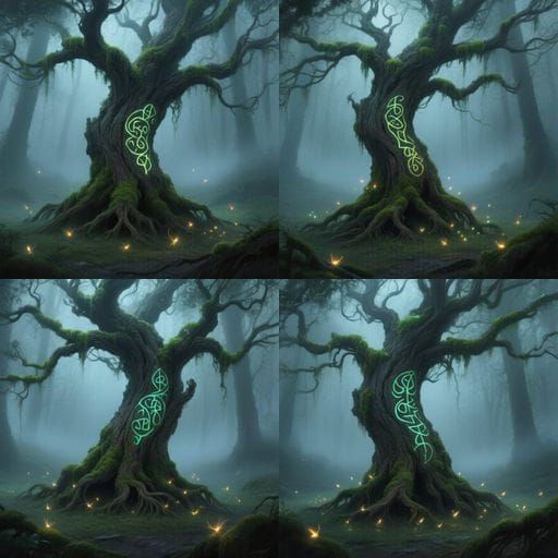 Mystical Runed Tree in Misty Forest, Fantasy Art