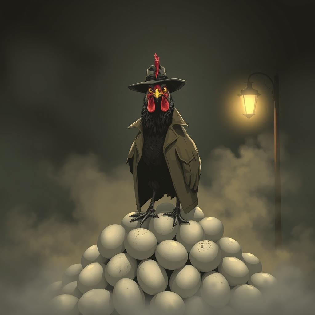 A lone, gumshoe chicken, dressed in a crumpled fedora hat an...