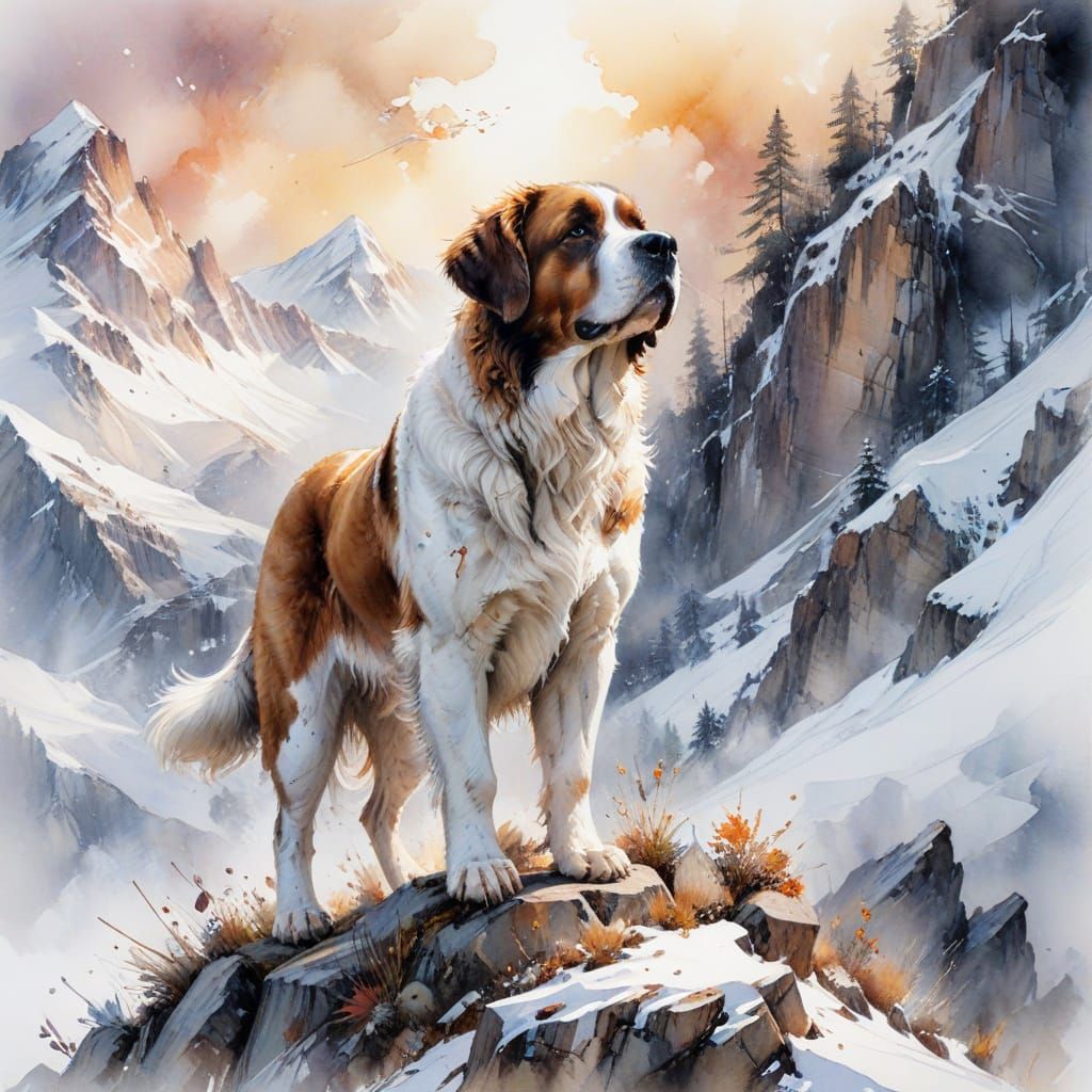 Saint Bernard in Snow-Laden Alpine Golden Hour
