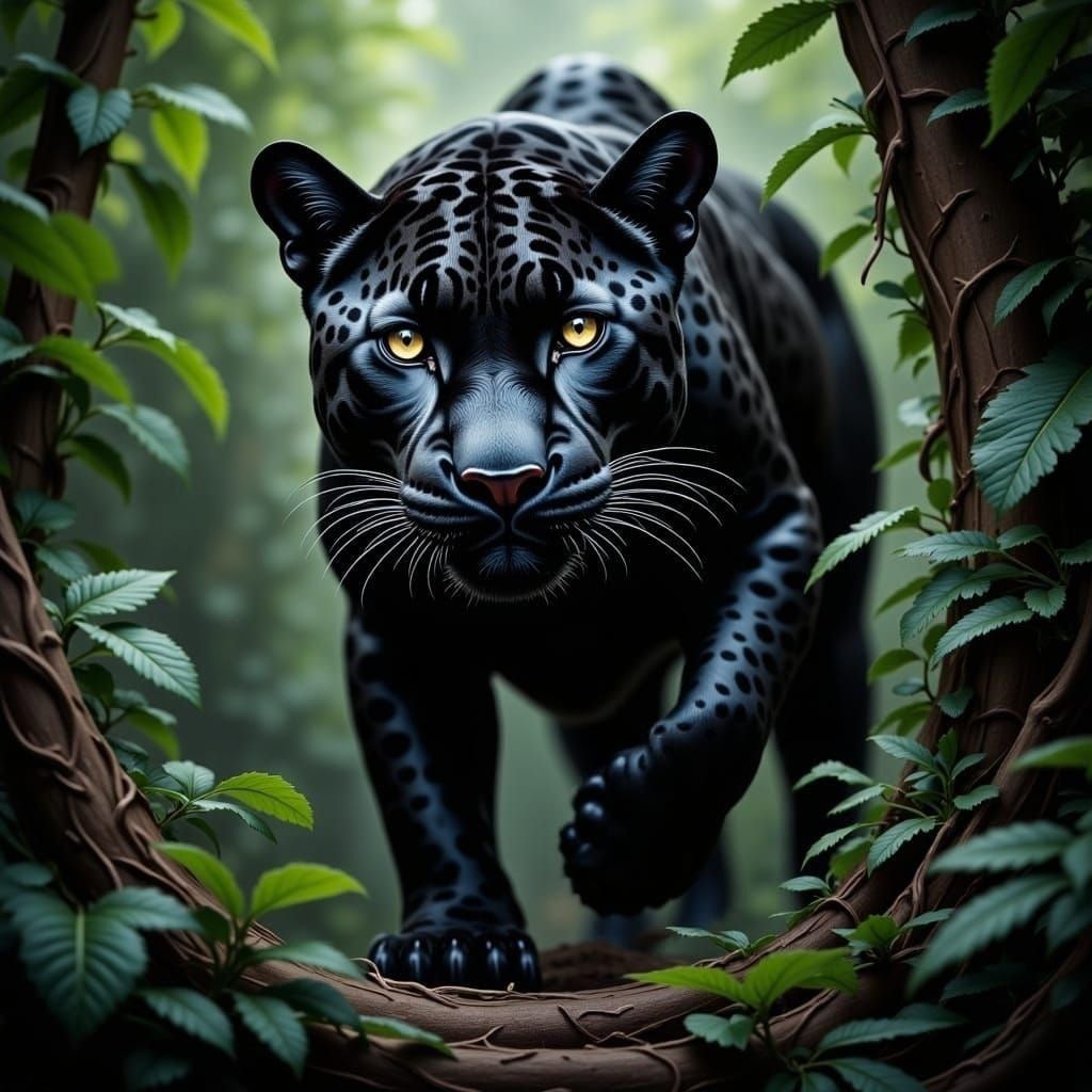 Sleek Black Jaguar Hunts in Lush Rainforest