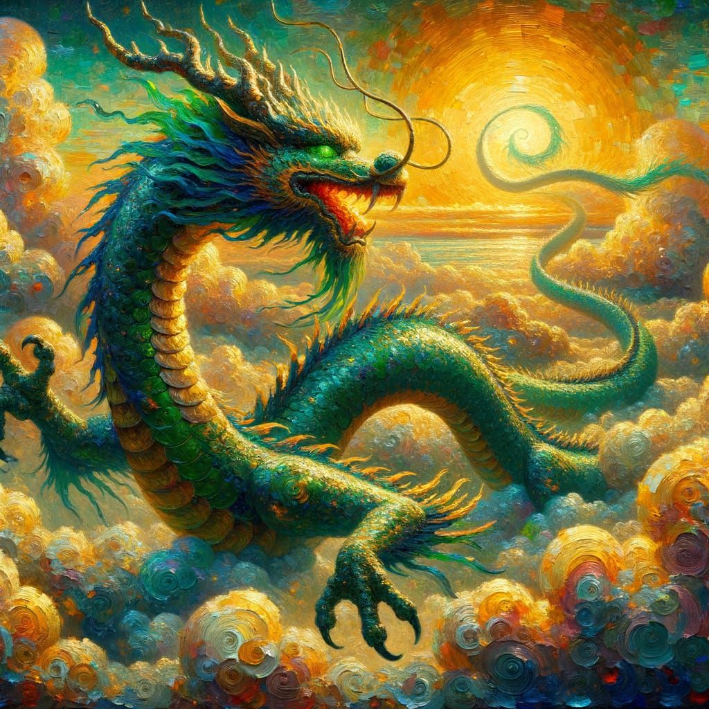 Eastern Mythology Dragon in Post-Impressionist Oil Painting