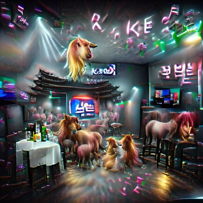 Hyperrealistic Korean Karaoke Bar with Ponies