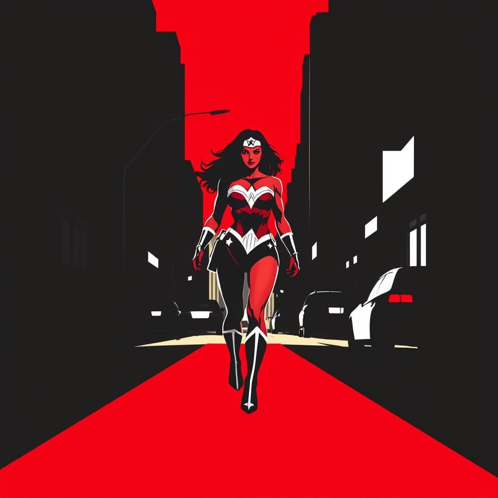 Wonder Woman Silhouette in Red, White, and Black Graphic Art