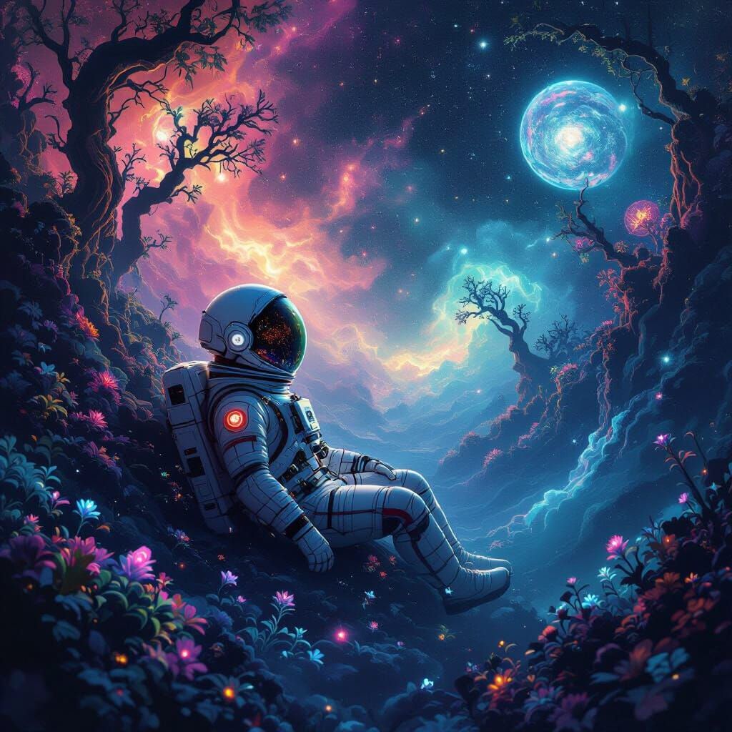Astronaut Lost in Bioluminescent Cosmic Ocean