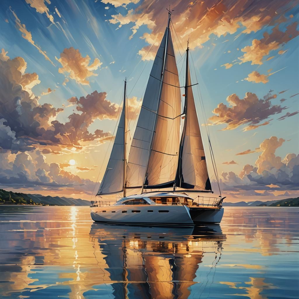 Luxurious Yacht Sailing: Vibrant Oil Painting