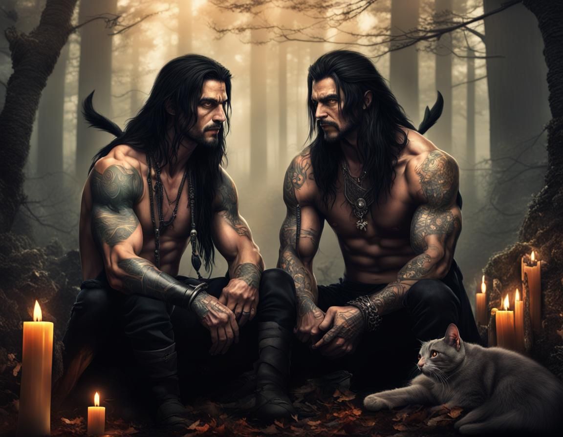 Two Handsome Male Witches in Forest with Black Cat