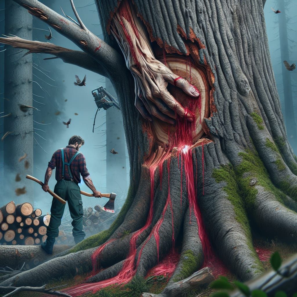 Bleeding Tree: Deforestation's Pain in Photorealistic Detail