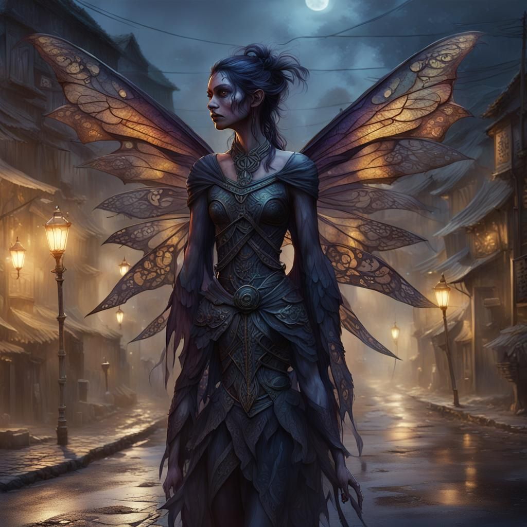 Stunning Dark Fairy on Misty Village Streets