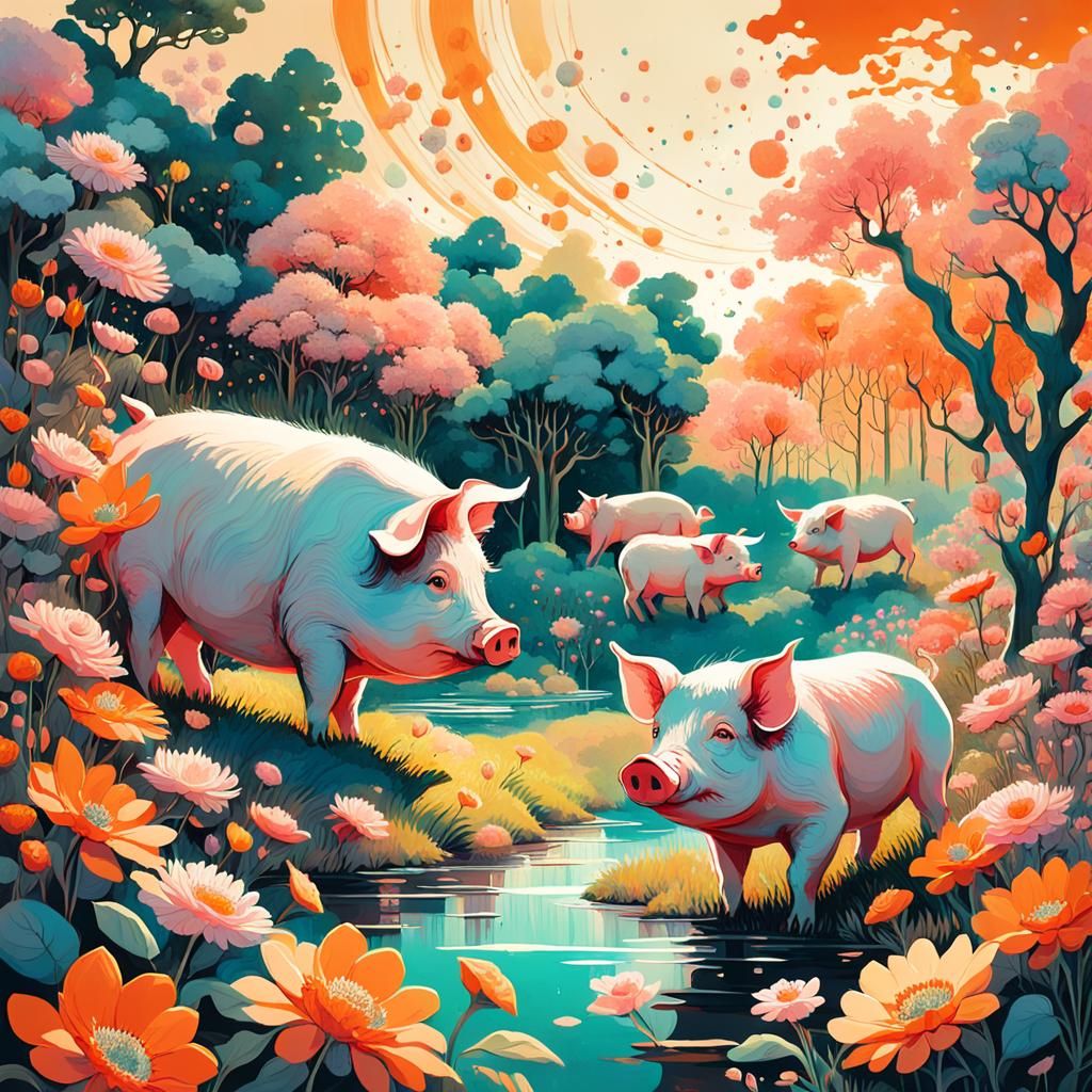 Pigs Dancing in a Surreal Whimsical Garden