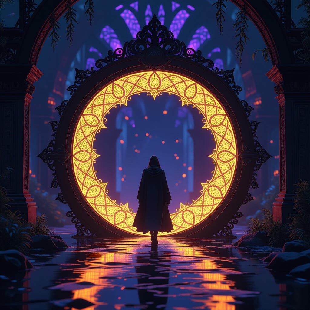 Figure Steps Through Shimmering Portal to Ethereal World