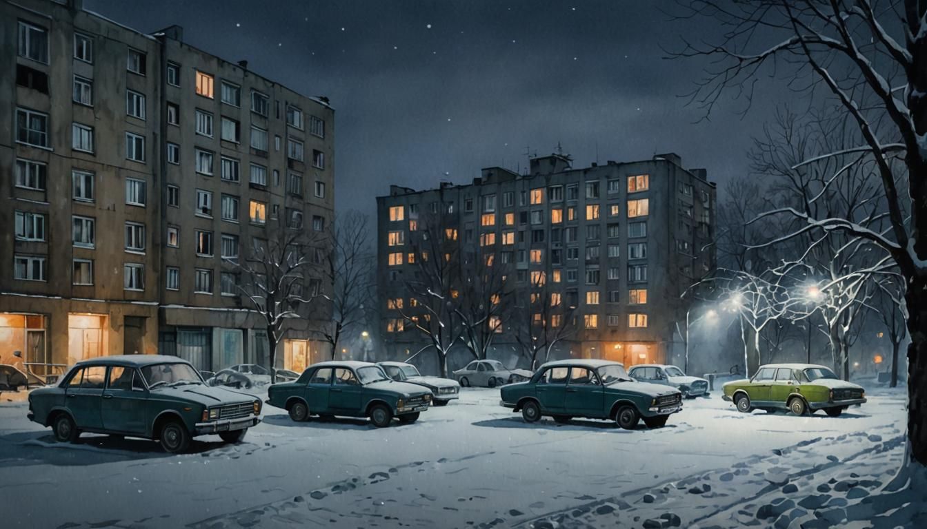 Winter Night Cityscape in Watercolor Style