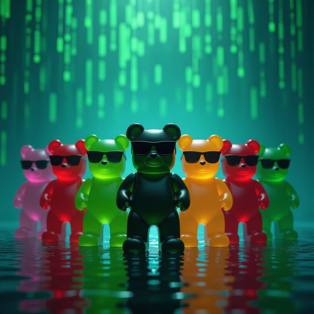 Gummy Bears as Matrix Agents in Hyperrealistic Style