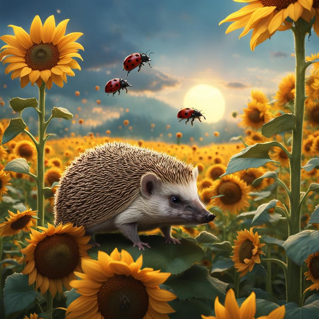 Hedgehog and Ladybugs in Sunflower Field, Detailed Painting