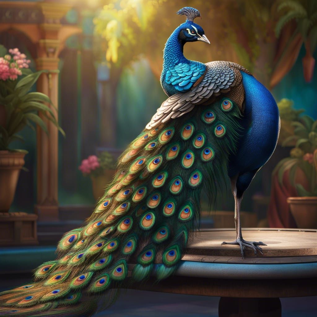 Peacock Displaying Tail Feathers: Hyperrealistic Splash Art