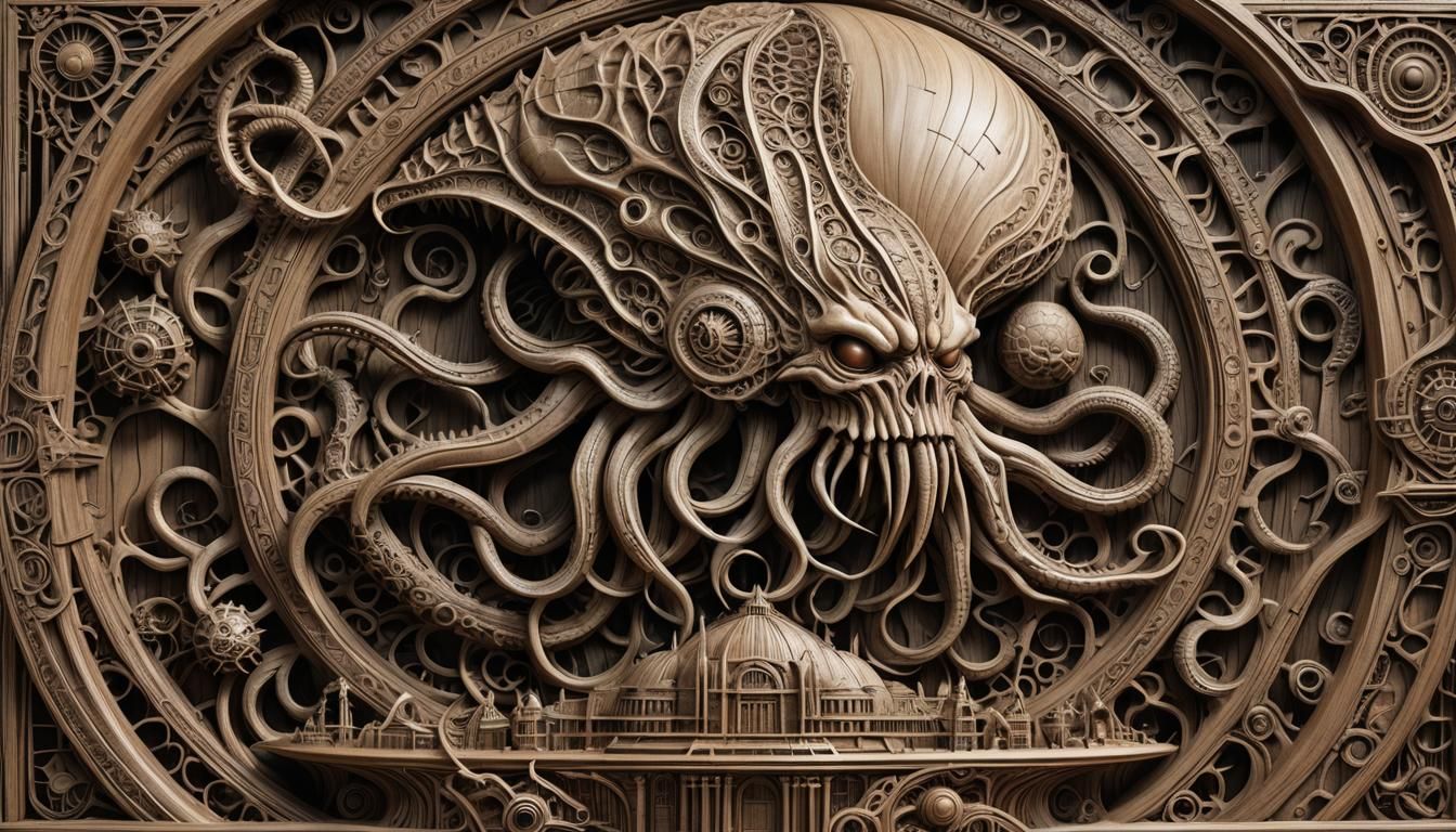 Eldritch Chaos Unleashed: Intricate Wood Relief Carving of C...