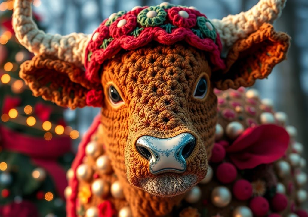 Klimt-Inspired Crochet Christmas Scene with Festive Elements