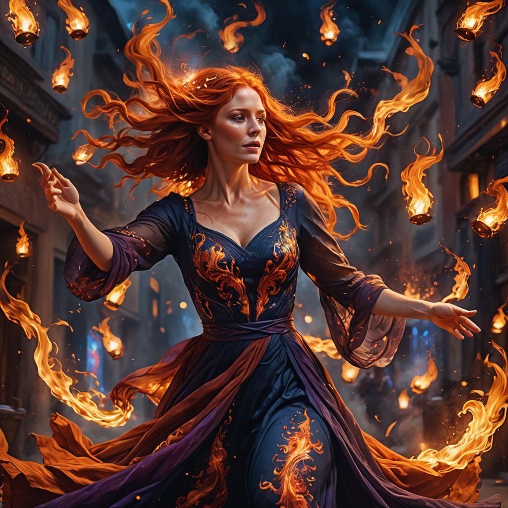 Fiery Red-Haired Woman Dancing: Hyperrealistic Digital Art