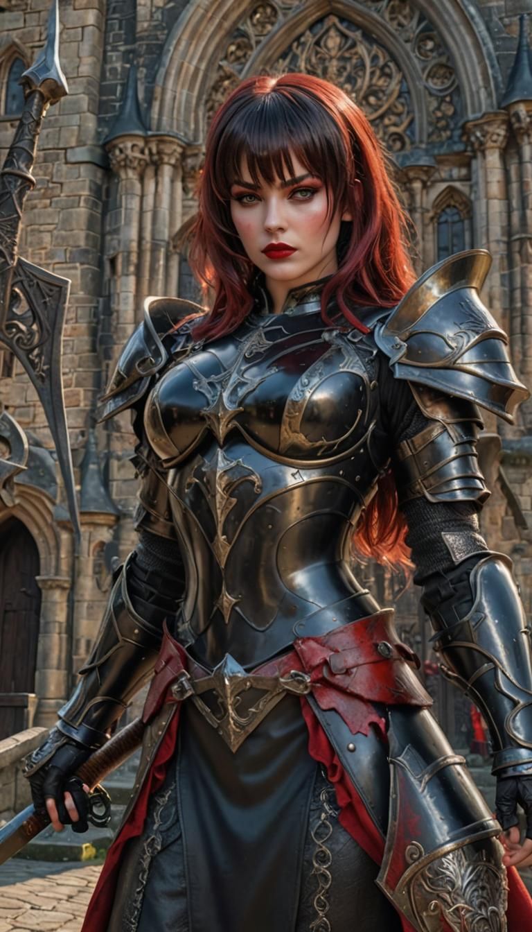 28 year old female in old dented black armour , thick lustro...