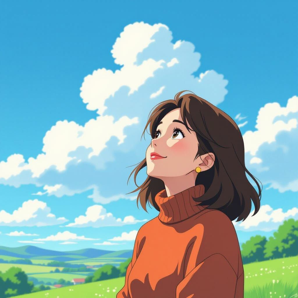 Woman Gazing at Blue Sky in Anime Style