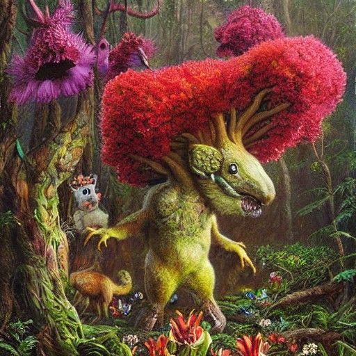 Forest Creatures Encounter Giant Flower Monster Painting