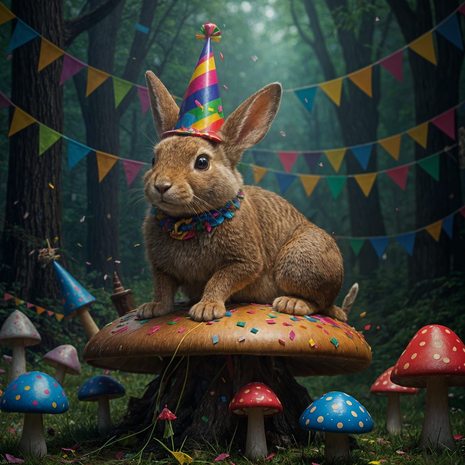 Majestic Rabbit Breathing Confetti on Mushroom