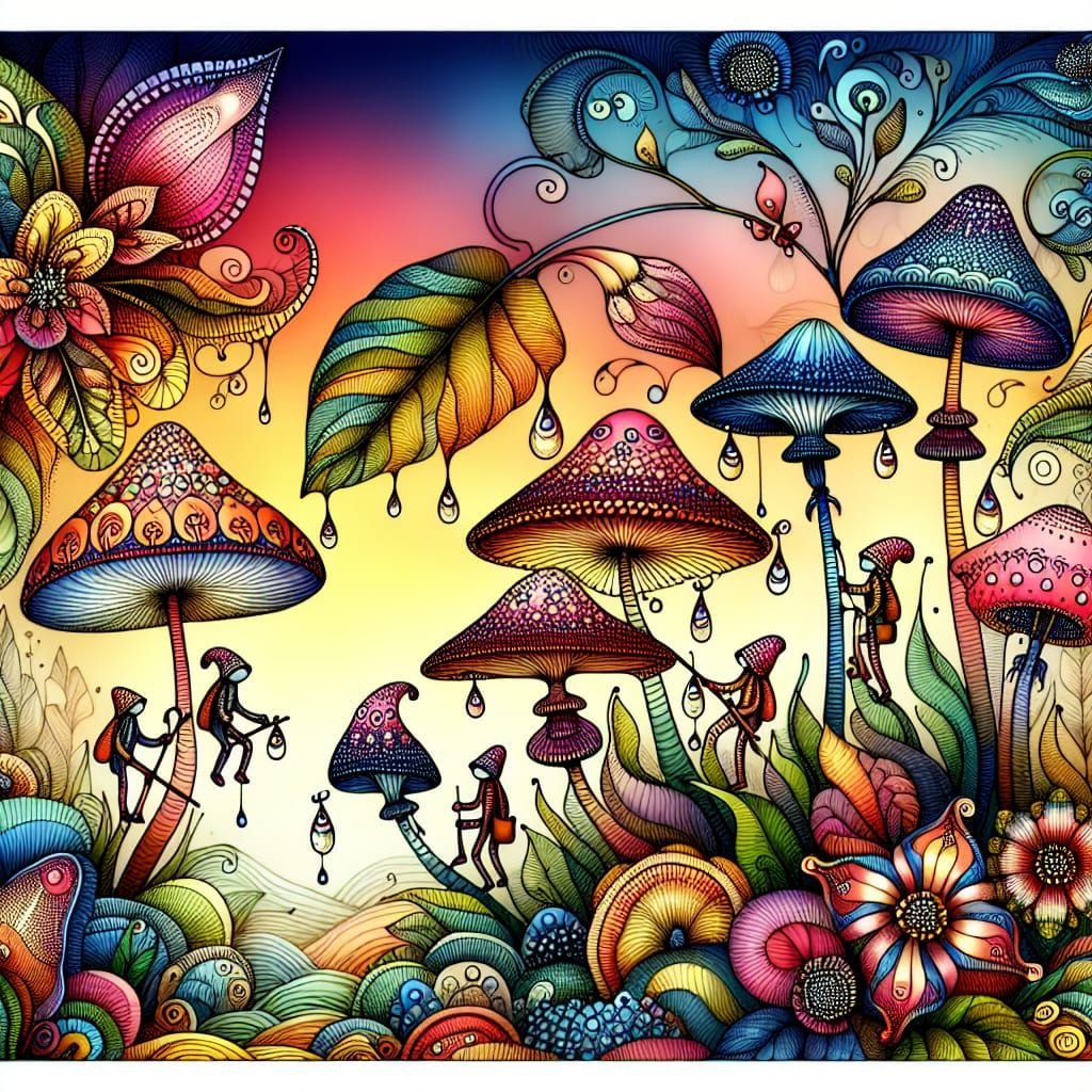 Mushroom-People Harvesting Dew in a Colorful Dawn Landscape