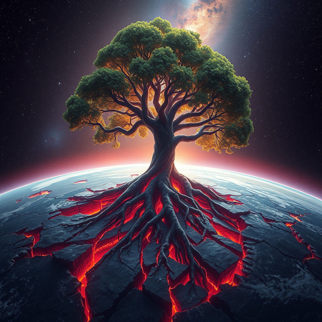 Majestic Tree on Ruptured Earth in Fantasy Style