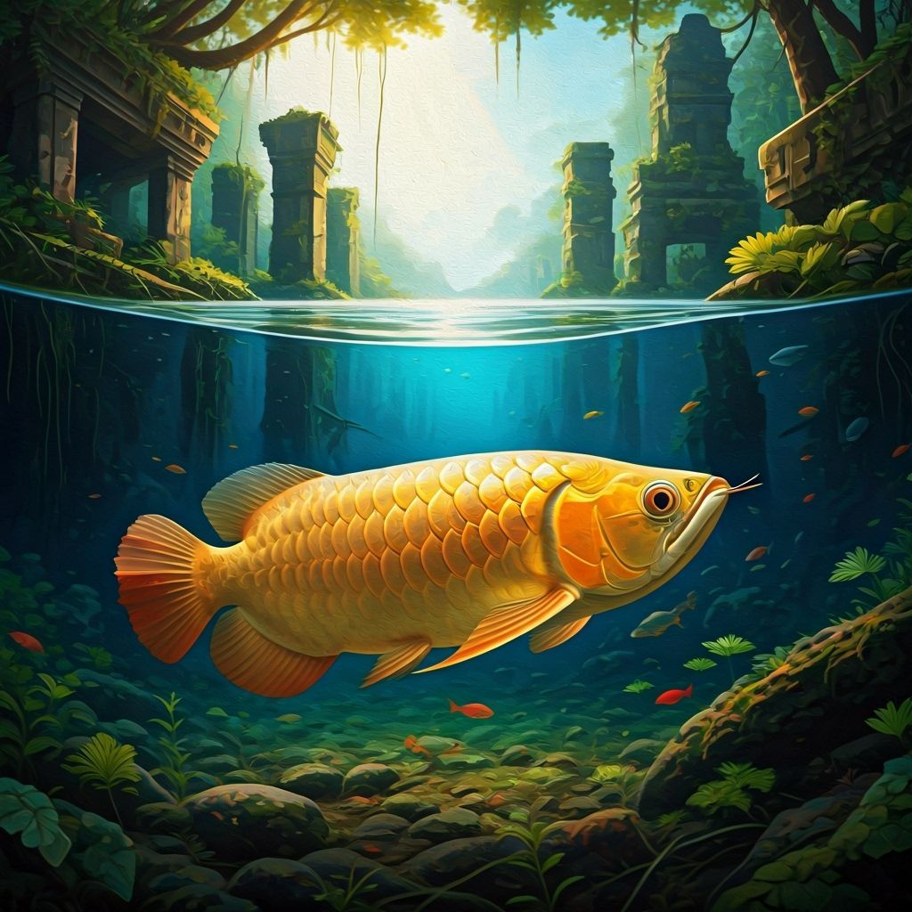 Golden Arowana in Flooded Asian City Ruins Oil Painting