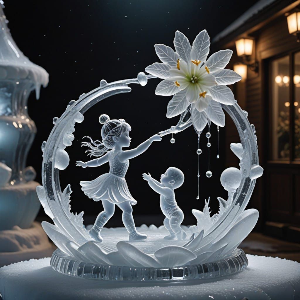 Frozen Elegance: Baby Ice Sculpture Dances Amidst Floral Bea...