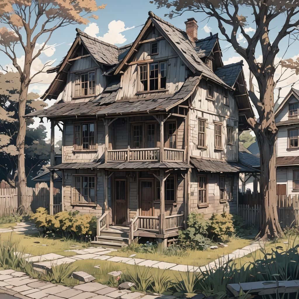 Weathered House in Anime Style with Ink Lines