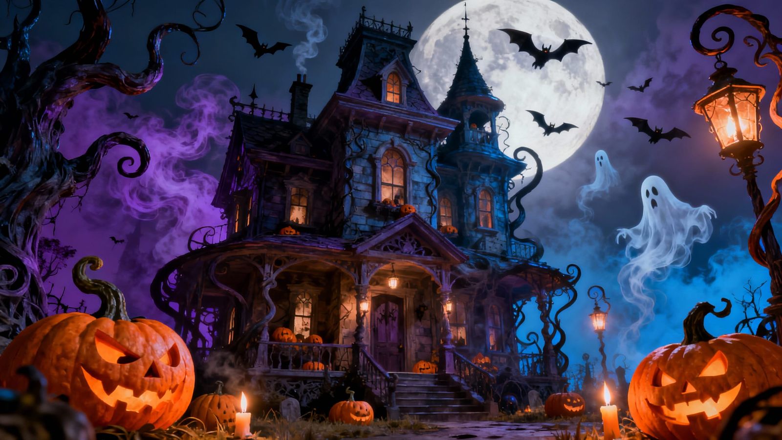 Eerie Gothic Halloween House Facade with Moonlit Shadows