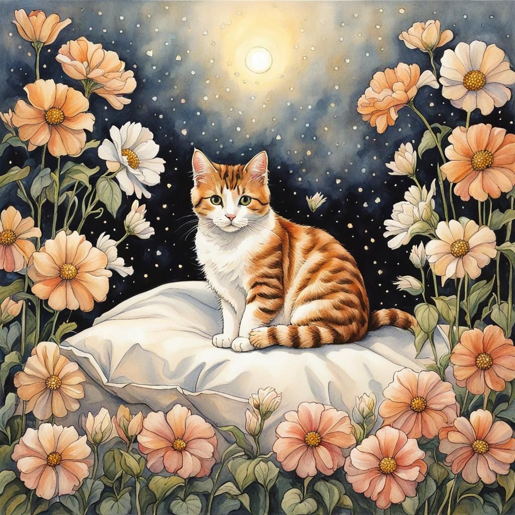 Cute Cat Surrounded by Flowers: Erotic Illustration Style