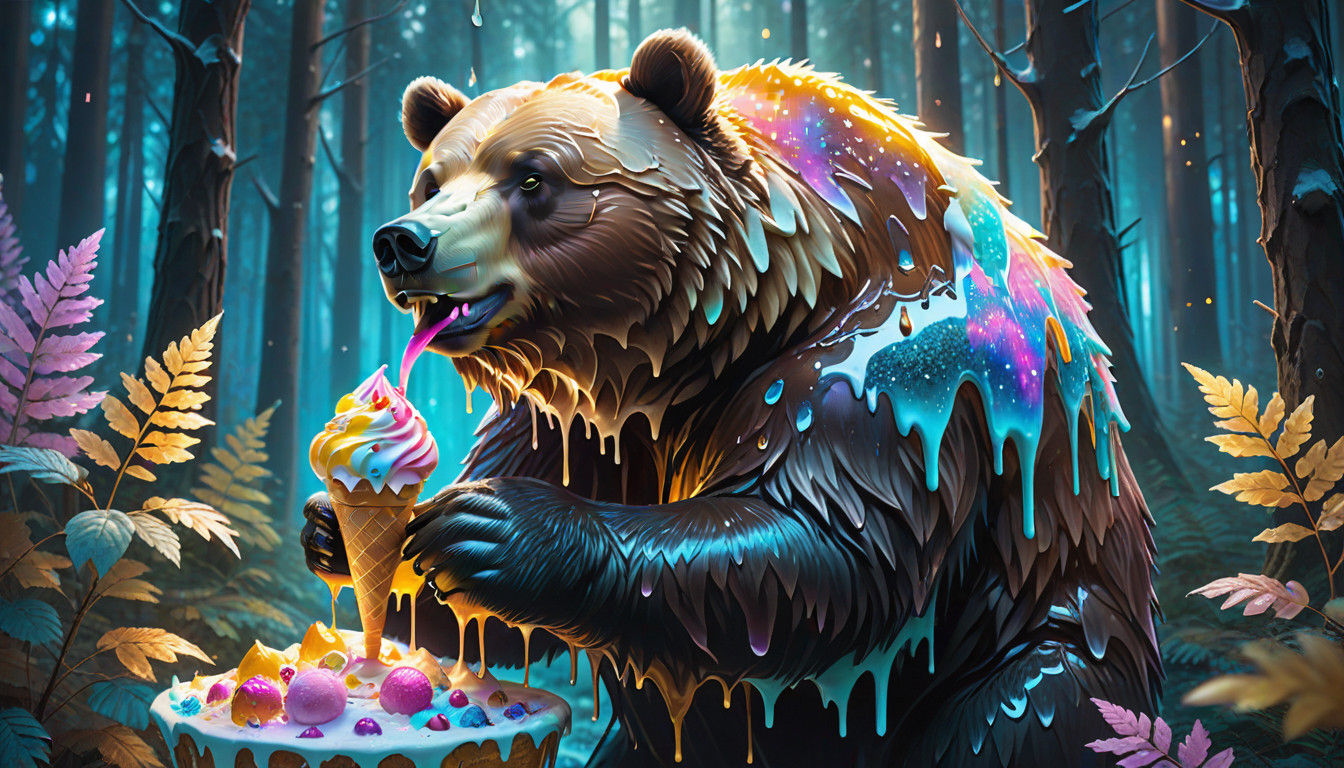 Mystical Ice Cream Bear in Vibrant, Dreamlike Forest