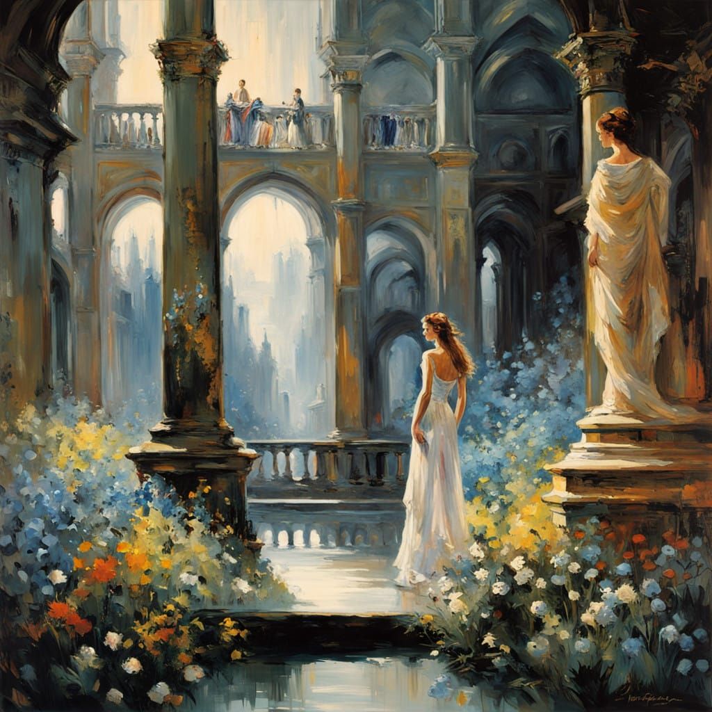 Elegant Garden Goddess in Gouache Impressionist Masterpiece