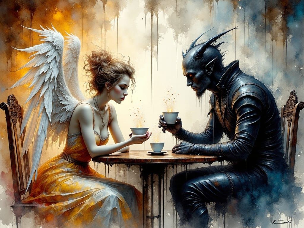 Angel and Demon Meeting: Ink Illustration