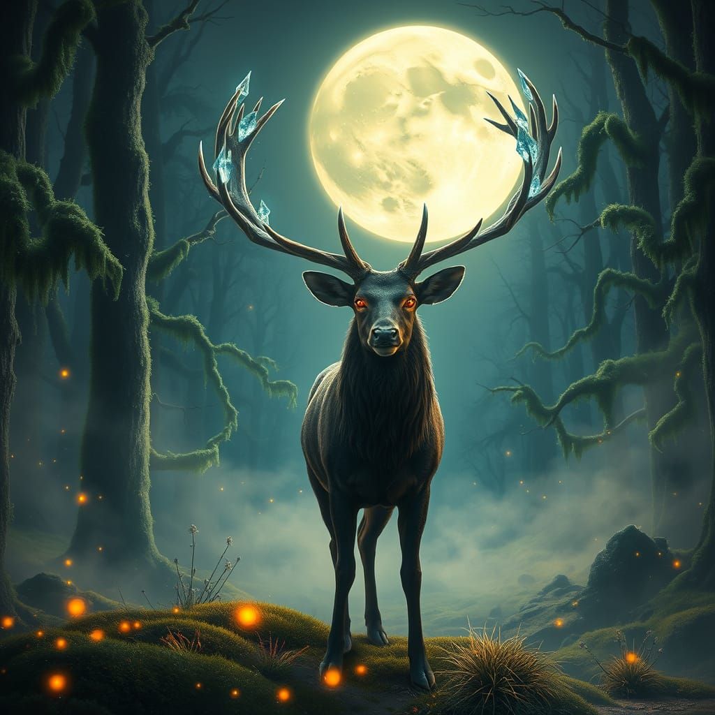 Stag with Crystal Antlers in Bioluminescent Forest