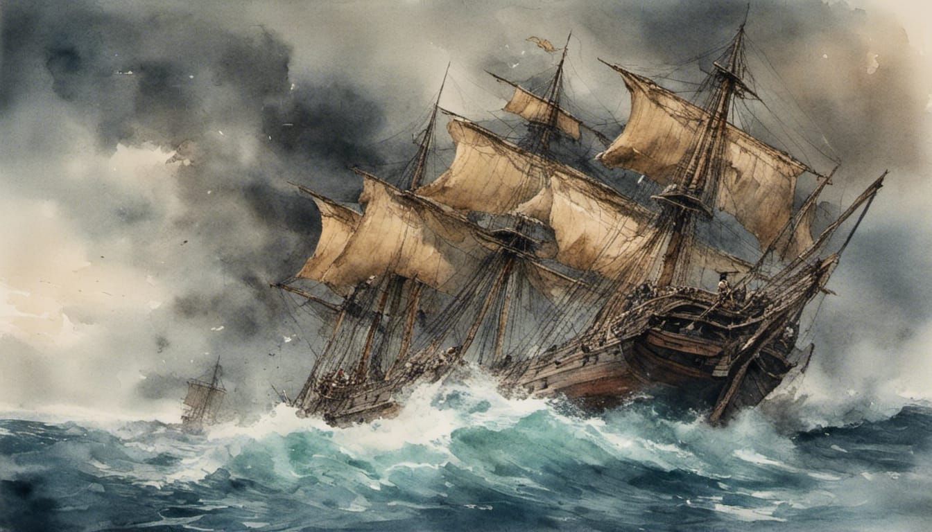 Pirate Ship on Stormy Seas: Watercolor Portrait
