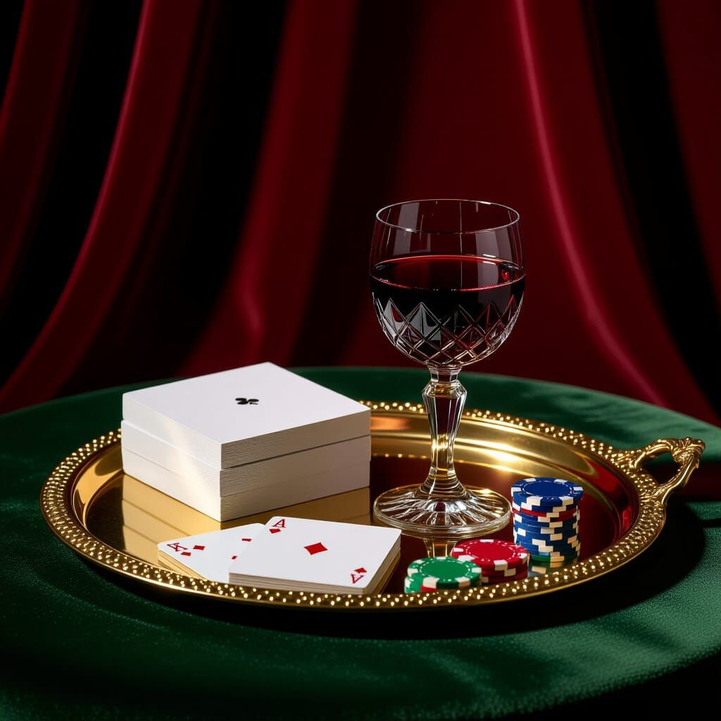 Elegant Still Life: Wine, Casino Chips on Velvet Table