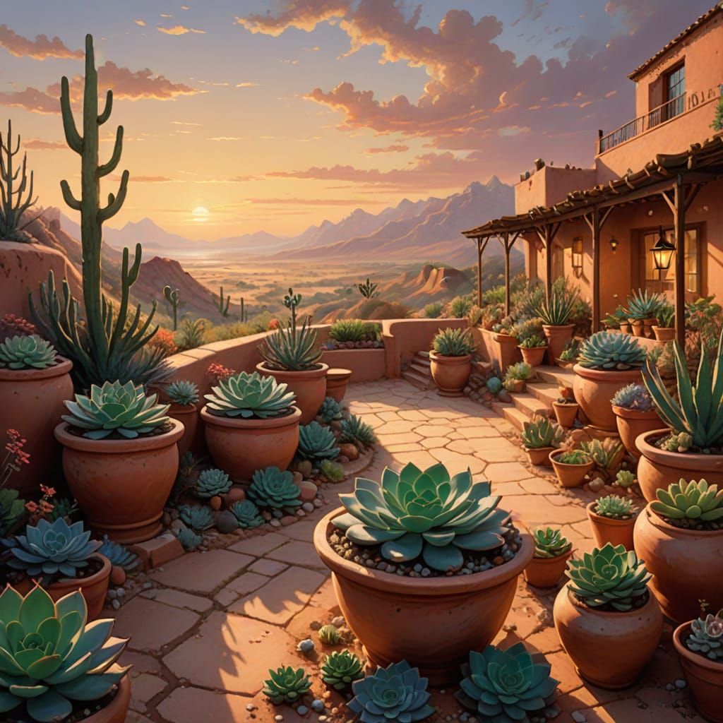 Ethereal Desert Garden at Dusk in Kinkade Style