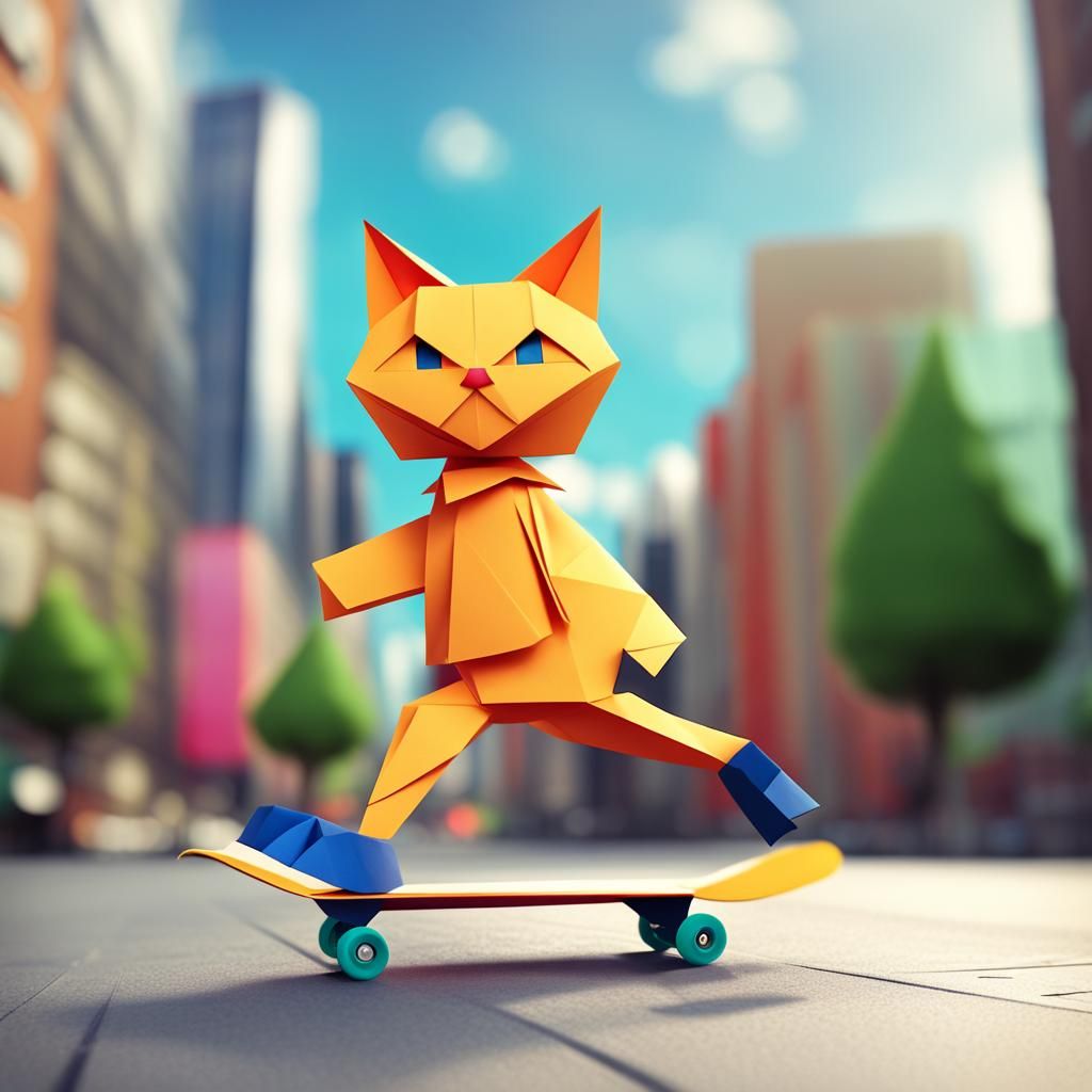Origami Cat Skates Through Cityscape