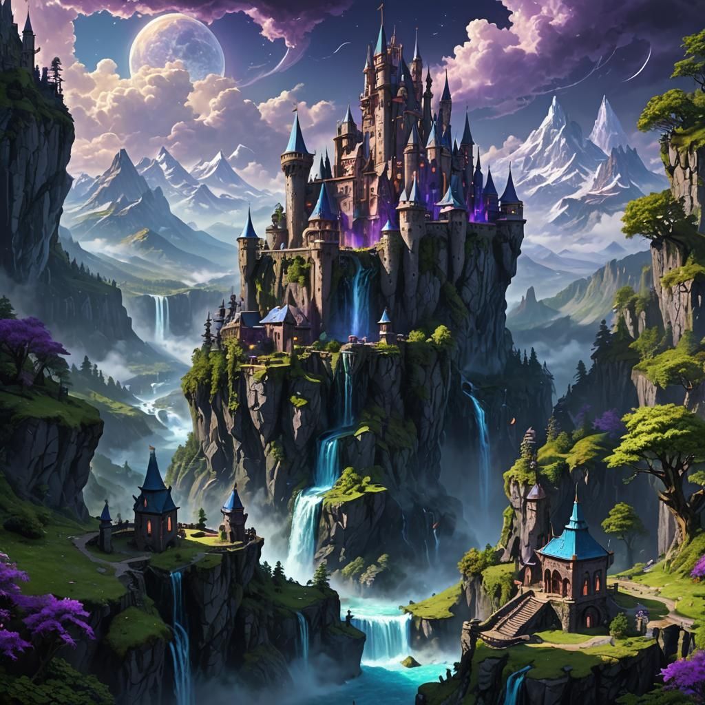 Floating Dark Fantasy City in Cosmic Landscape