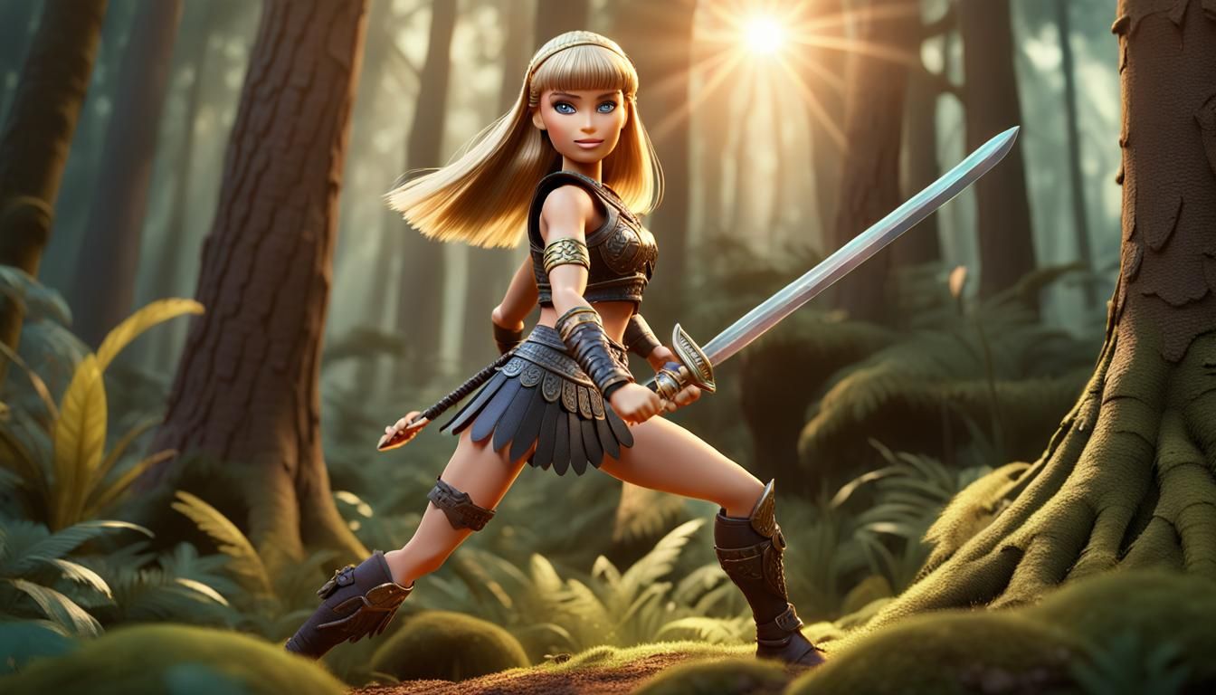 Barbie as Xena in Forest: 3D Digital Art