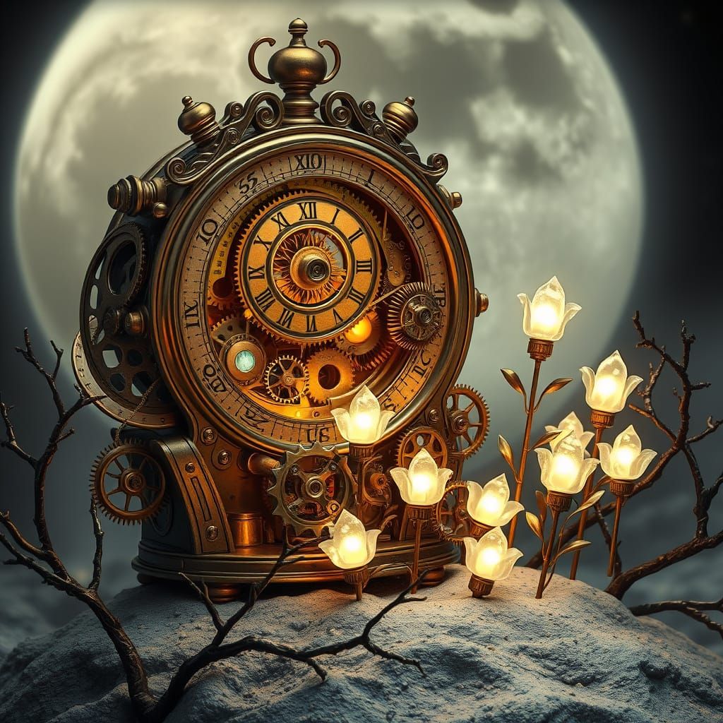 Victorian Steampunk Automaton Tends Crystal Garden on Moon