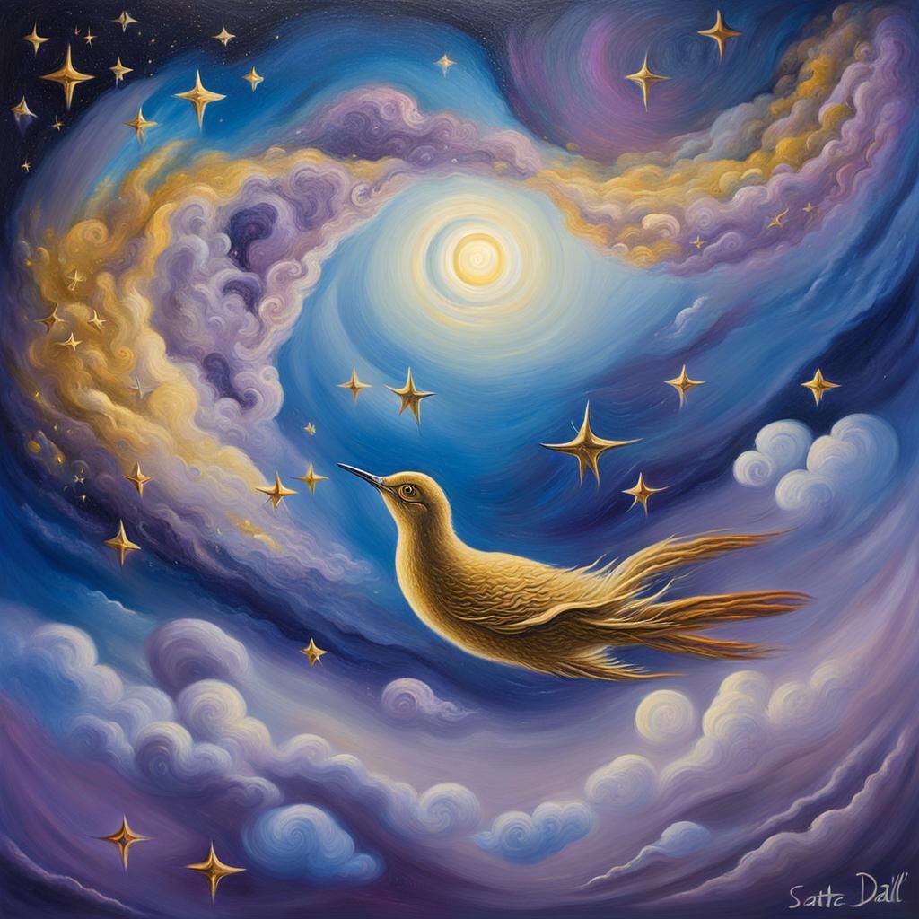 Dreamlike Figure in Twinkling Night Sky as Oil Painting