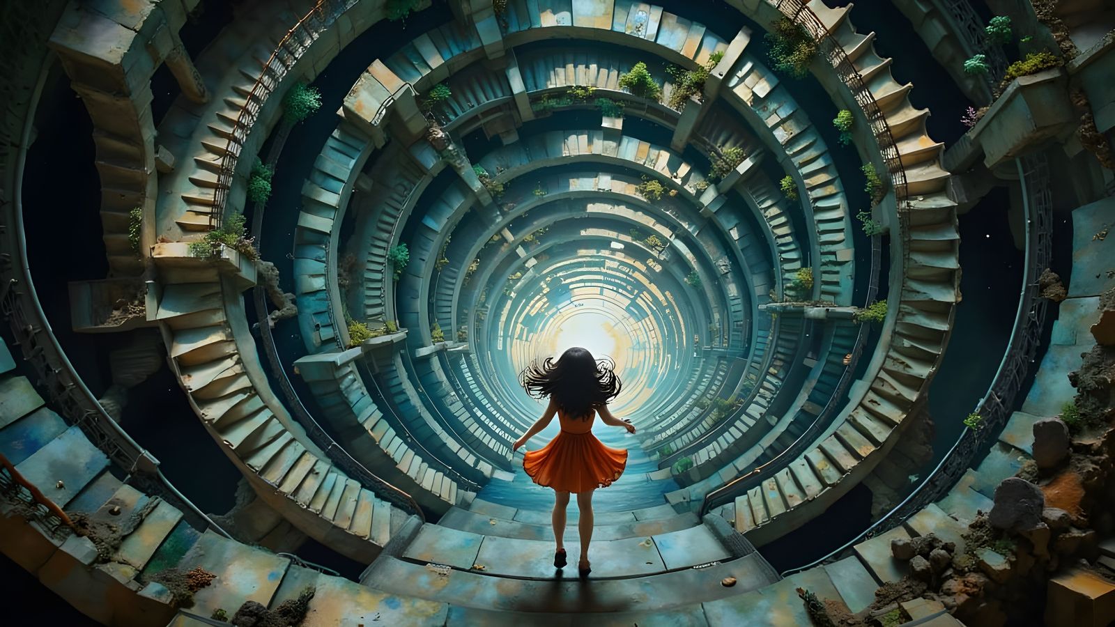 Surreal Girl Falling Through Infinite Staircases