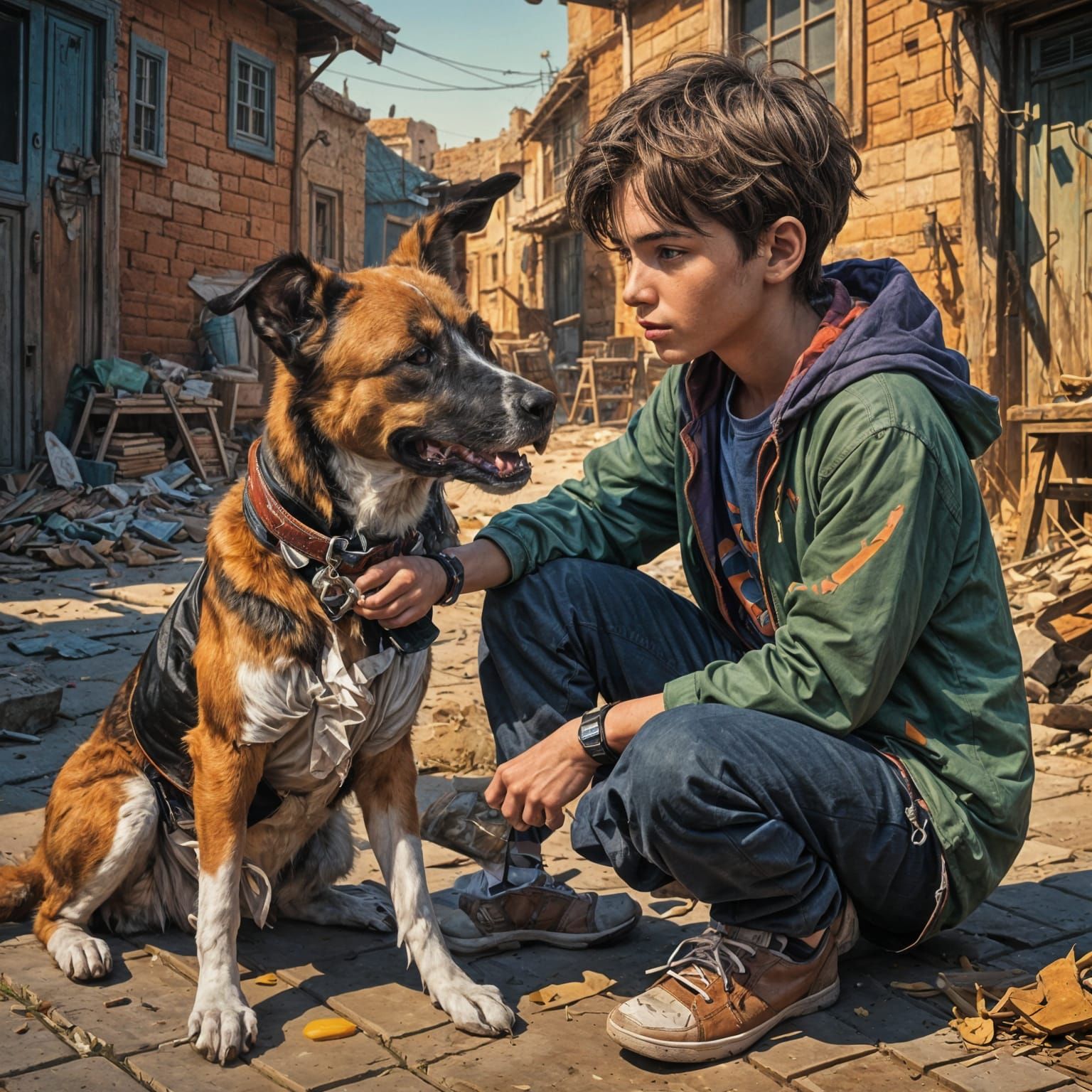 Dog Bites Cute Boy: Detailed Matte Painting