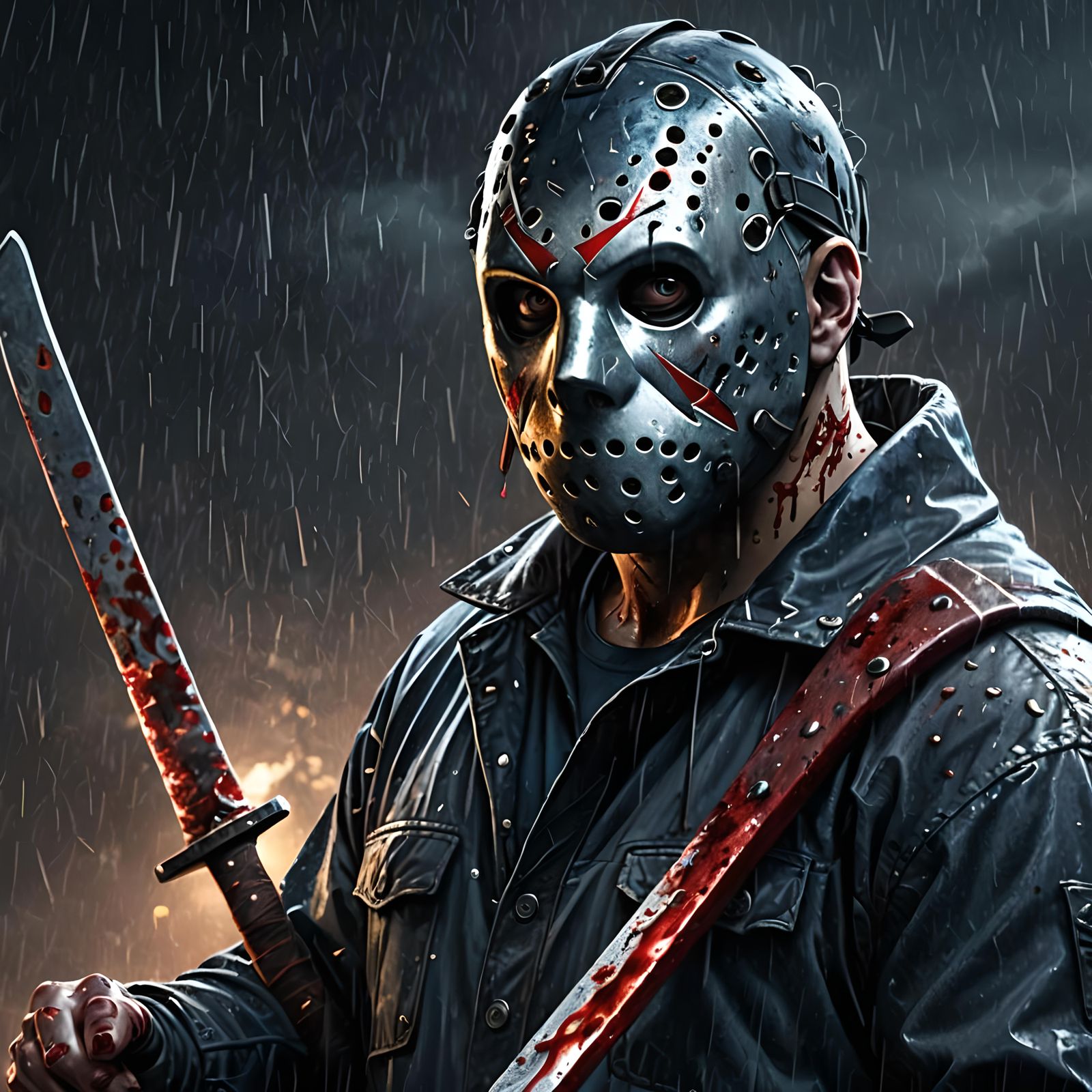 Detailed Jason Voorhees in Thunderstorm, Photorealistic Horr...