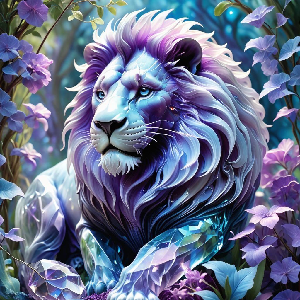Crystal Lion Sculpture in Purple Garden