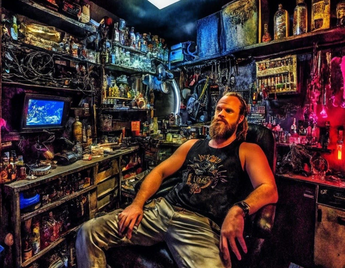 Mechanic Biker in Spaceship Man Cave with Moon View
